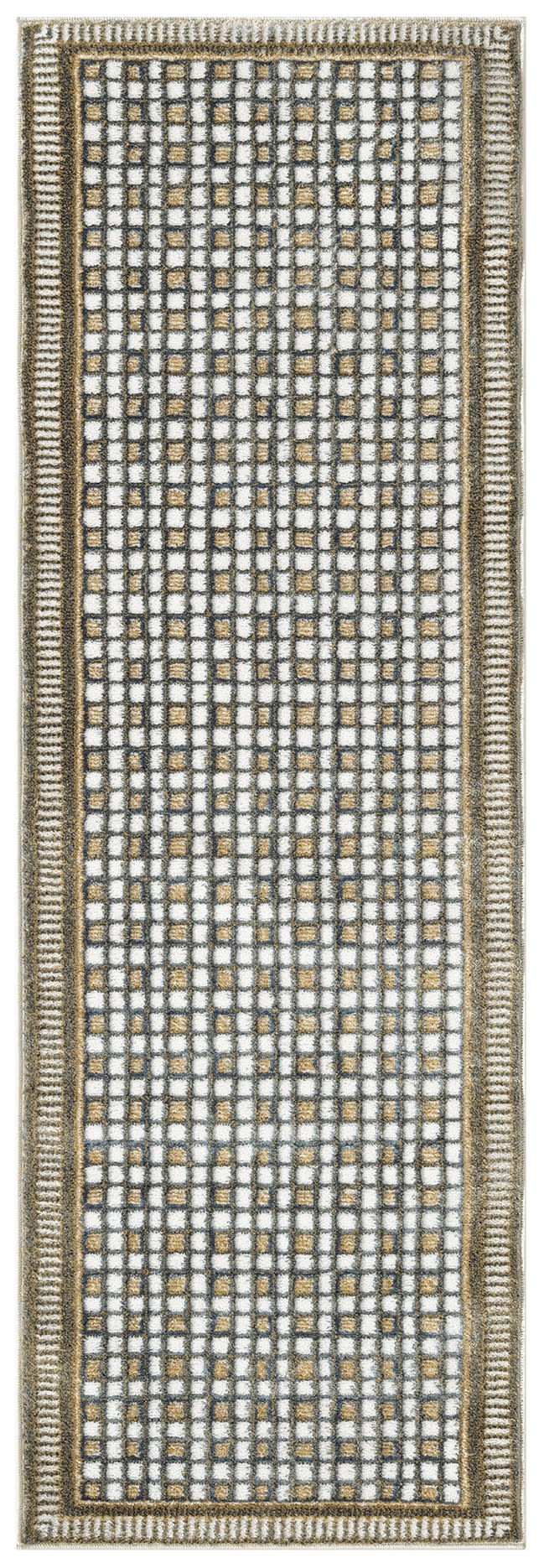 Rectangular woven runner rug with white and beige grid mosaic and taupe border; modern geometric style.