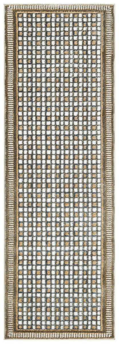 Rectangular woven runner rug with white and beige grid mosaic and taupe border; modern geometric style.