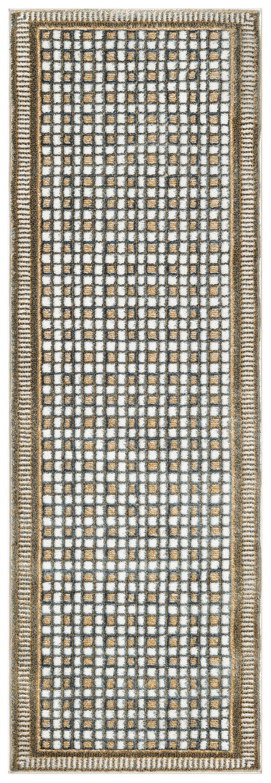 Rectangular woven runner rug with white and beige grid mosaic and taupe border; modern geometric style.