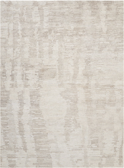 Beige abstract-pattern area rug with cream and taupe tones; rectangular, soft pile, modern style for living room.