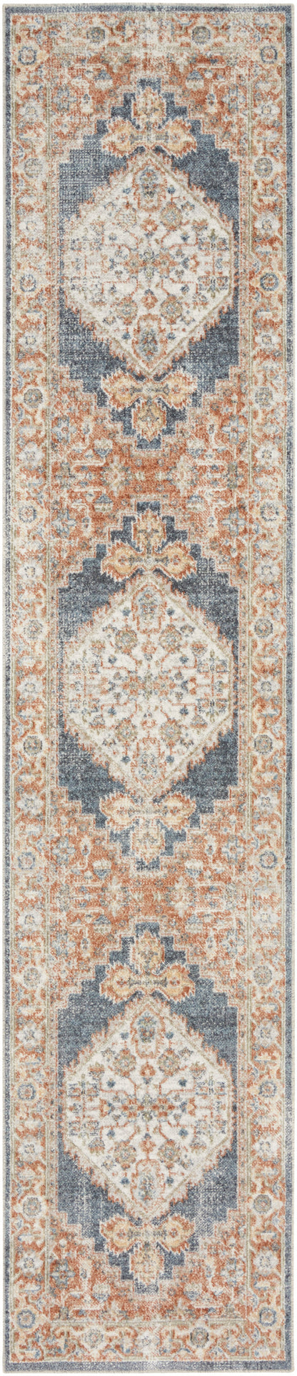 Rectangular runner rug with three ivory medallions, peach & blue & beige floral borders; Persian-inspired hallway decor.
