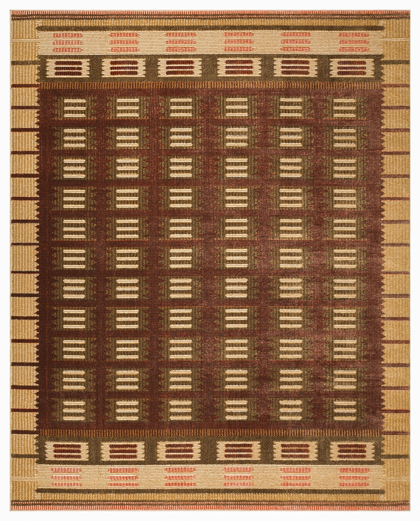Rectangular woven rug featuring a brown grid center with cream bars, tan outer border, and earthy geometric pattern.