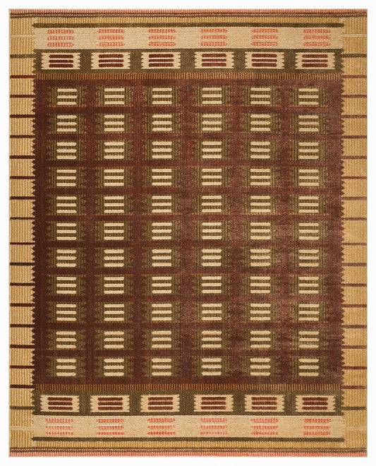 Rectangular woven rug featuring a brown grid center with cream bars, tan outer border, and earthy geometric pattern.