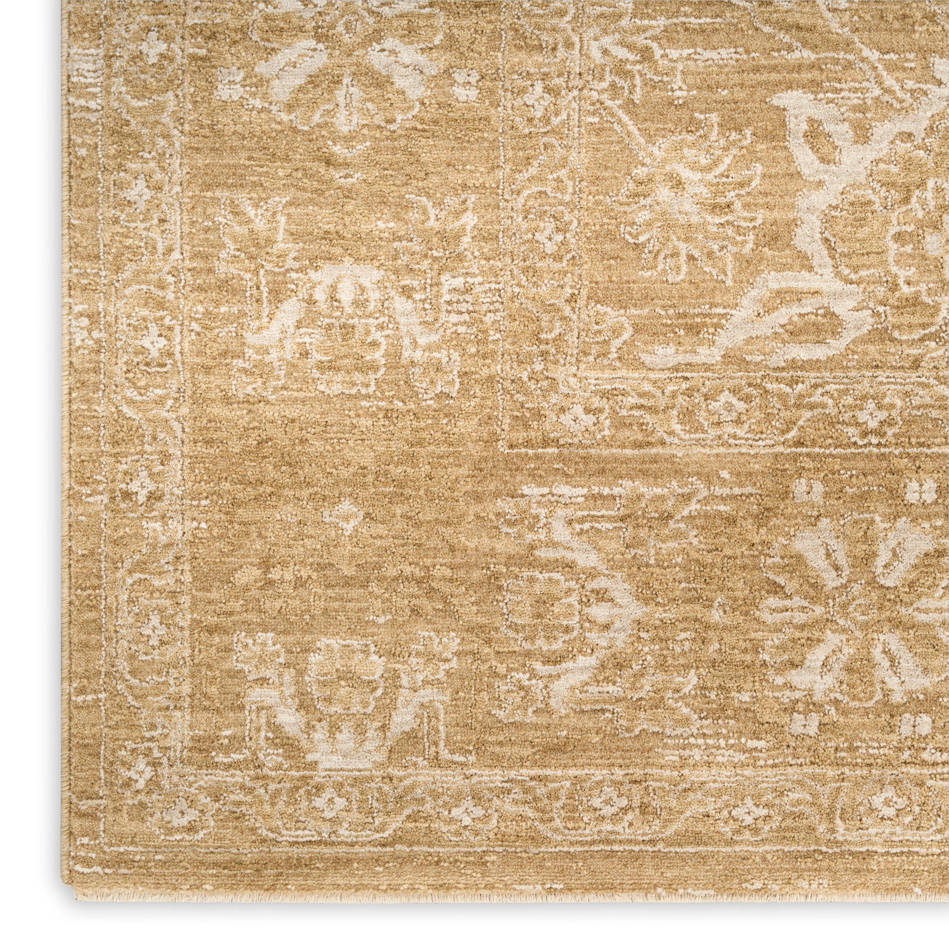 Beige distressed oriental area rug with ivory floral border; low-pile, vintage-look.