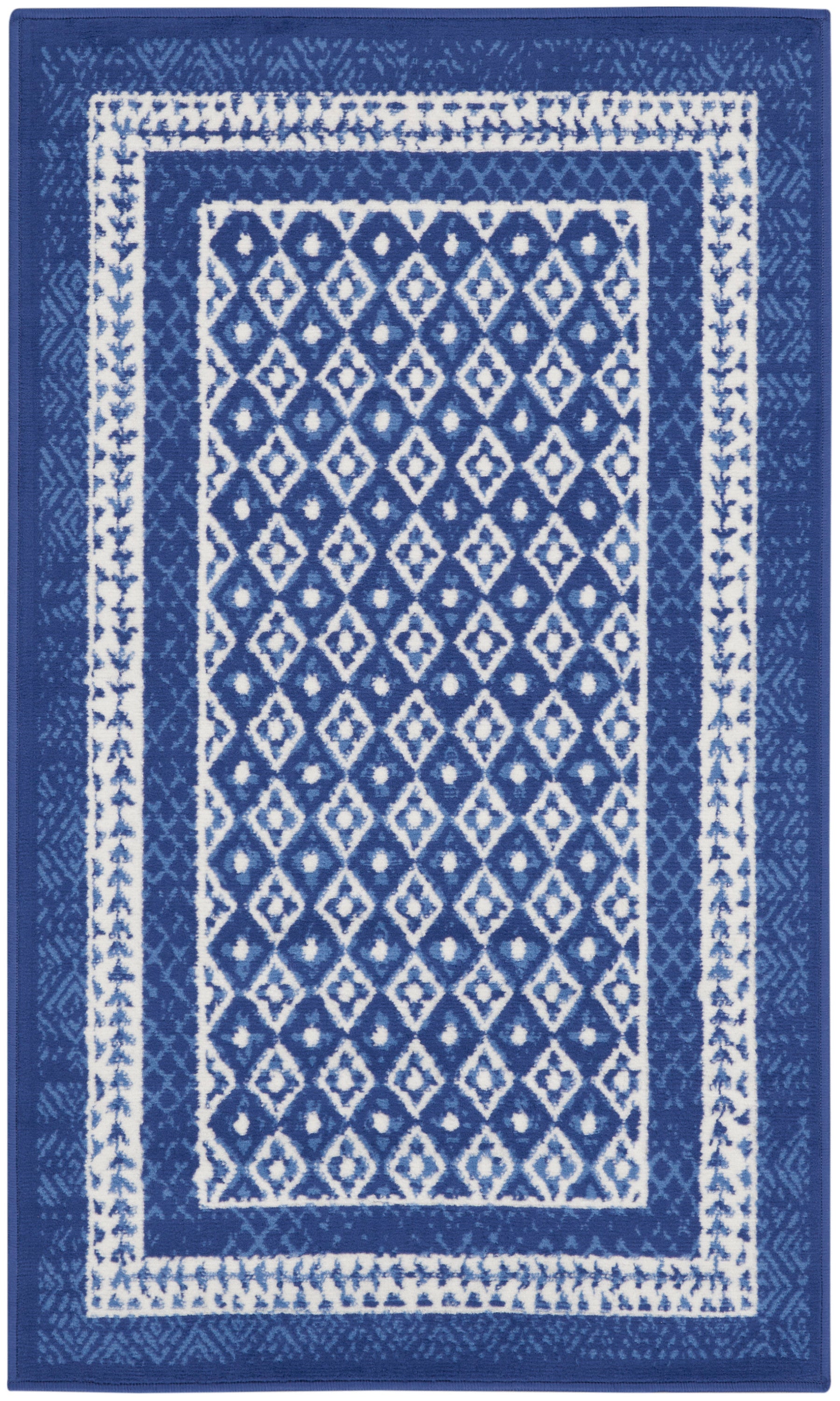 Blue and white rectangular area rug with diamond lattice center and white border stripes, modern geometric style.
