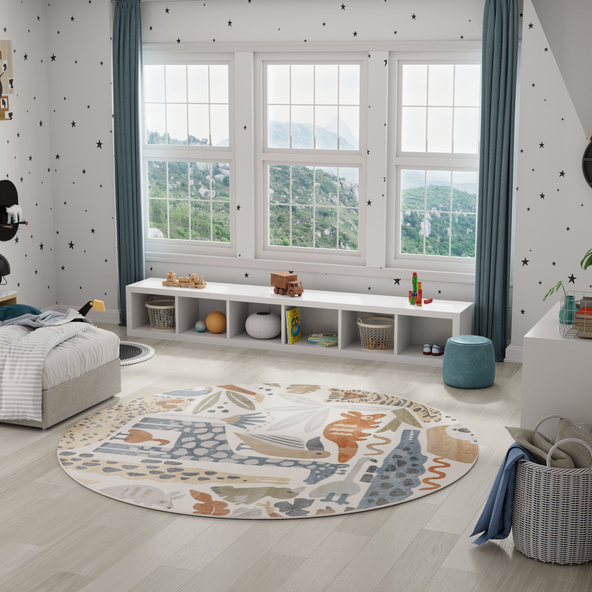 Bright kids' bedroom with star wallpaper, large windows, teal curtains, white storage bench, and round animal-print rug.