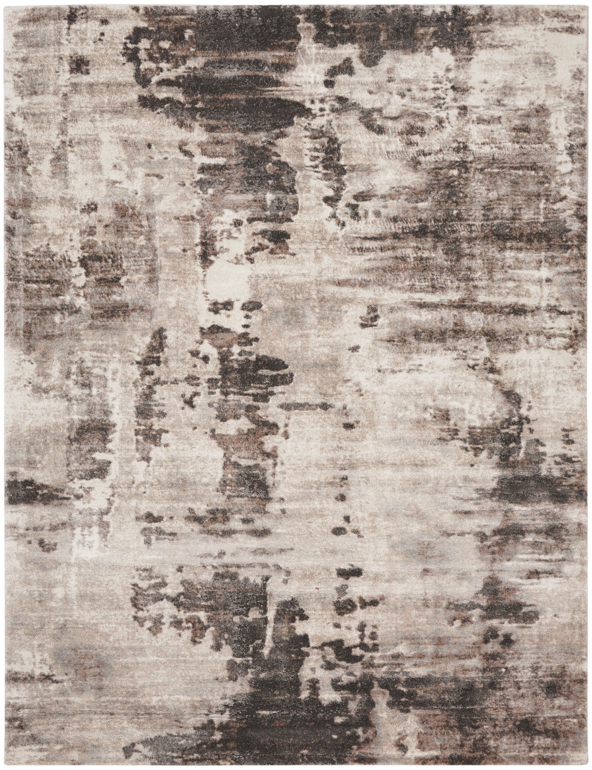 Abstract distressed area rug in beige, taupe & charcoal with soft pile; versatile rectangular decor rug.