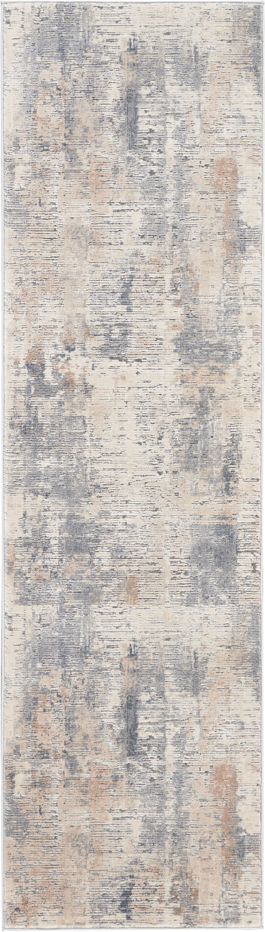 Abstract blue-gray beige runner rug with distressed texture; soft neutral tones with subtle rust accents.