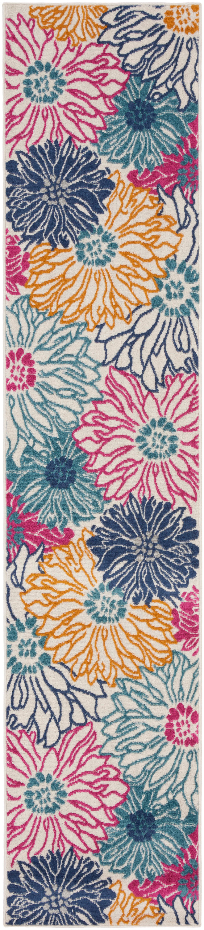 Long floral rug runner with large pink, orange, teal and navy blooms on cream background; tufted textured yarn.