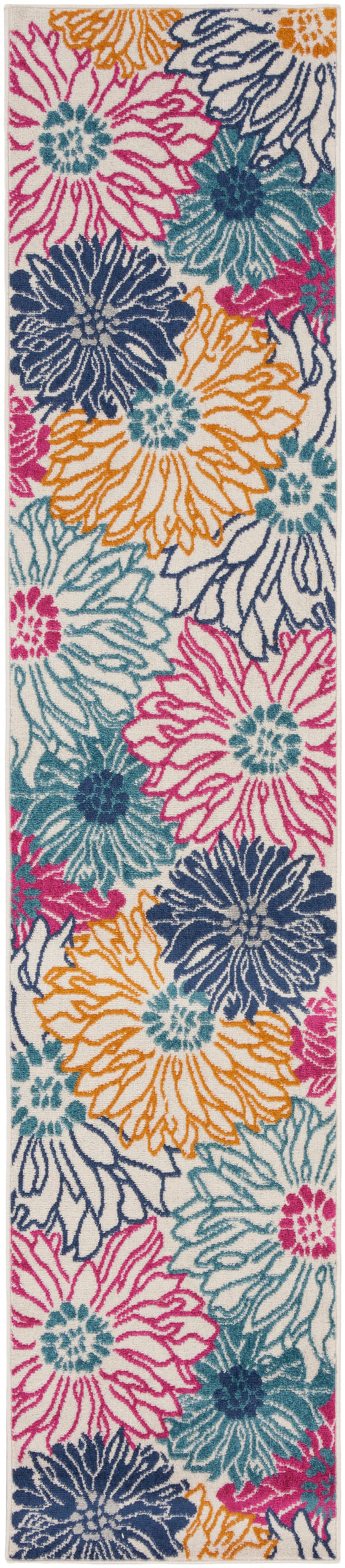 Long floral rug runner with large pink, orange, teal and navy blooms on cream background; tufted textured yarn.