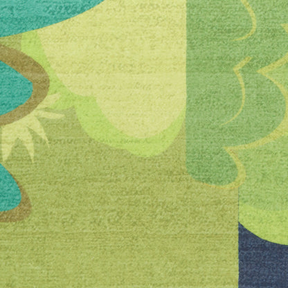 Abstract green and yellow pattern on teal rug with curved shapes and textured weave.