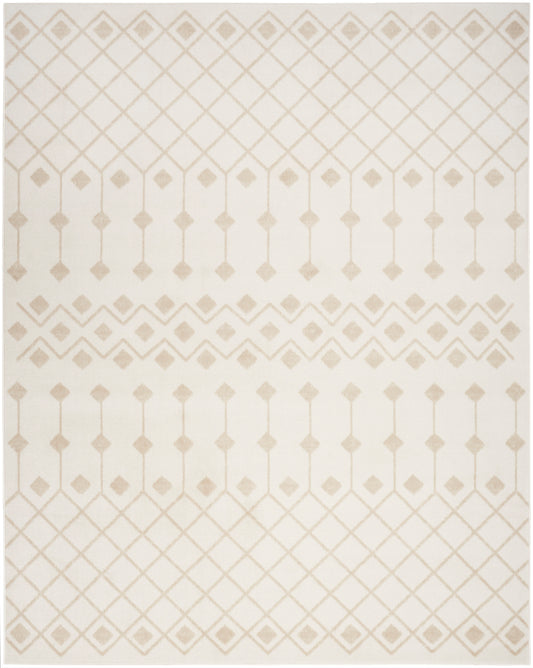 Cream rug featuring taupe lattice diamond pattern, vertical beaded accents & chevron borders; Bohemian style, 7' x 10'.