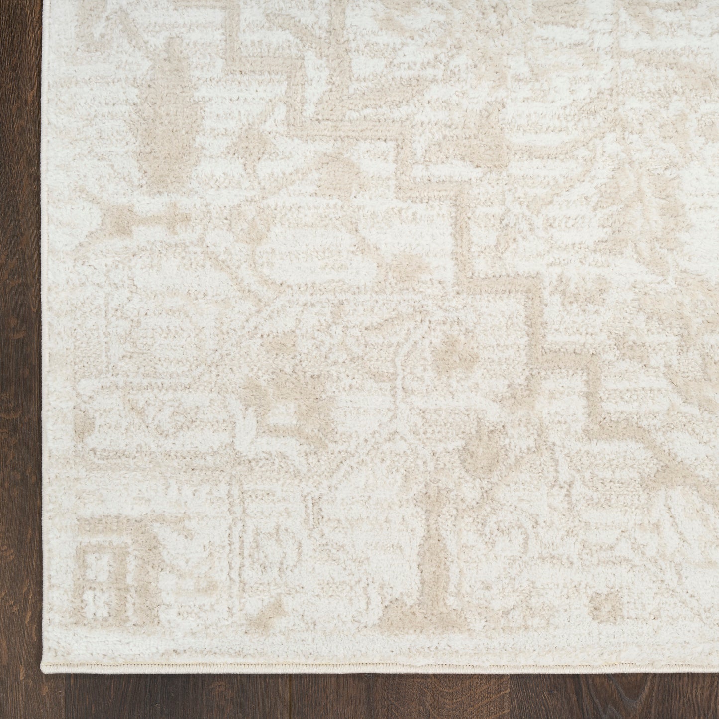 Beige rug with subtle geometric pattern on dark wood floor, rectangular plush area rug.