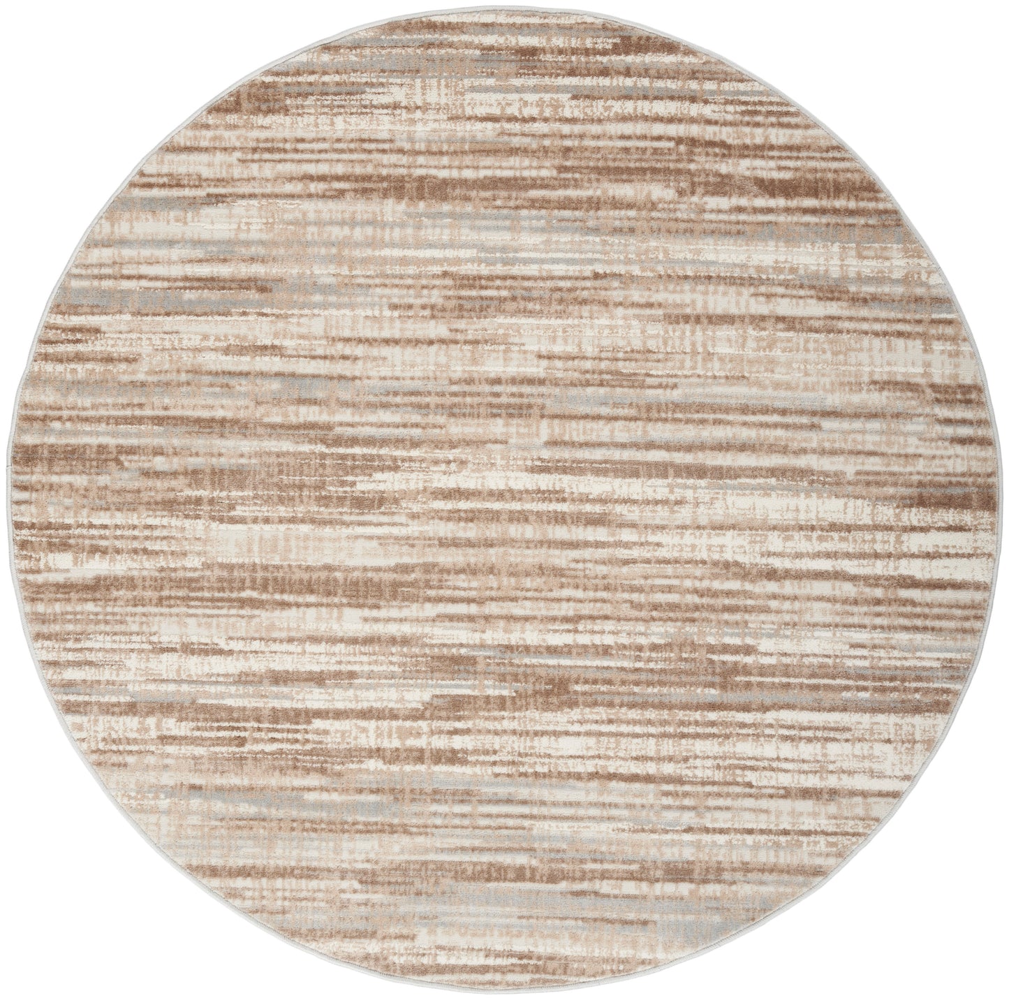 Round beige-tan abstract rug with cream horizontal streaks; modern neutral decor for living spaces.