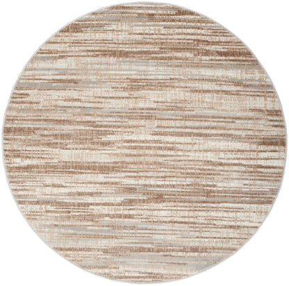 Round beige-tan abstract rug with cream horizontal streaks; modern neutral decor for living spaces.