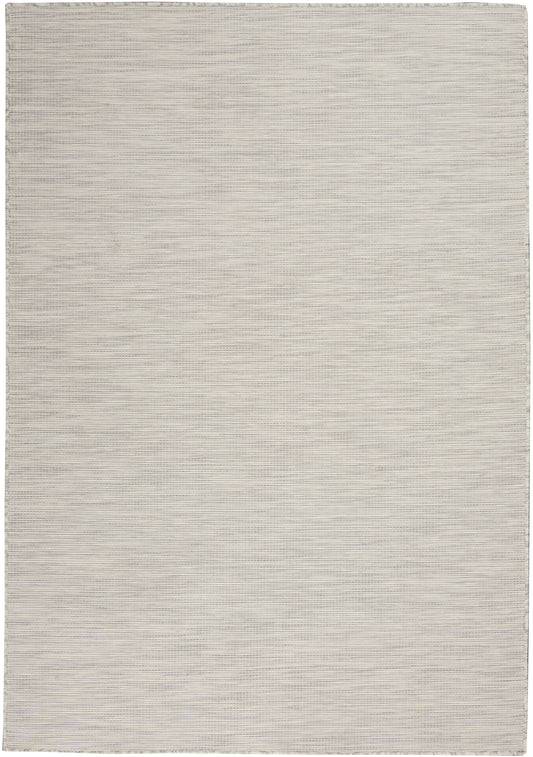Rectangular beige-gray flatwoven rug with subtle striped texture; modern neutral decor for living spaces.