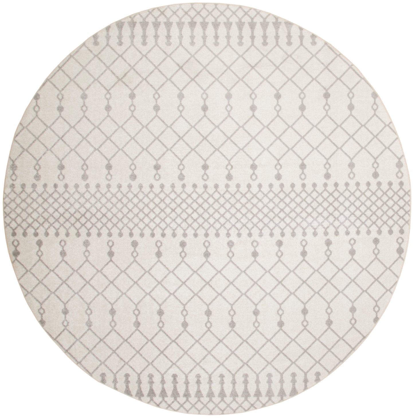 Beige round rug with a grey lattice diamond pattern and dotted band accents.