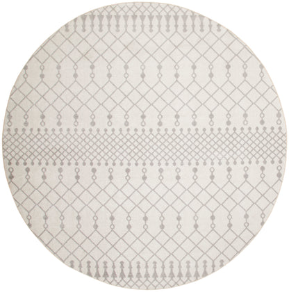 Beige round rug with a grey lattice diamond pattern and dotted band accents.
