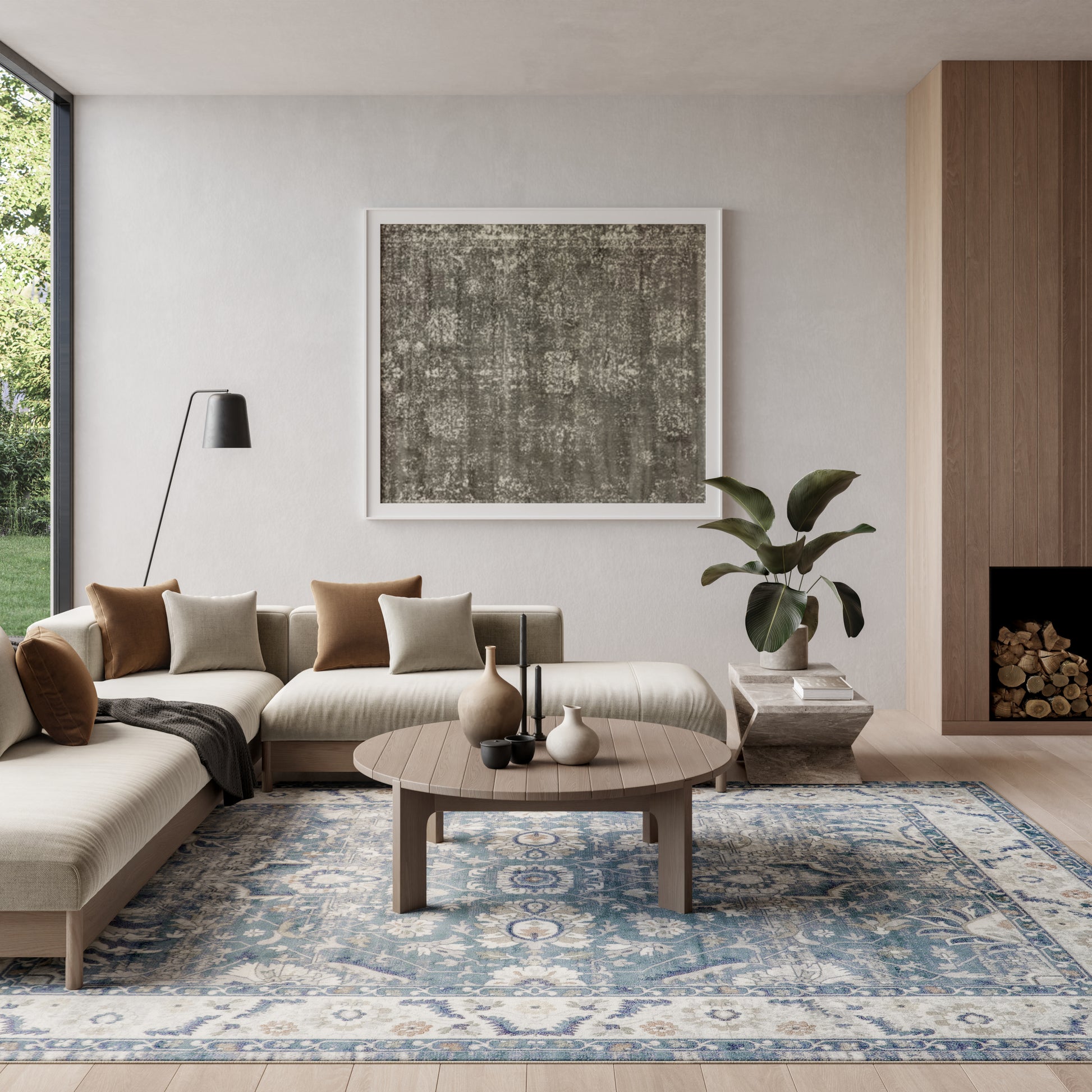 Nourison Astra Denim 8x10 machine-washable area rug with distressed Persian pattern in denim, grey and ivory — low pile and easy care for everyday home use.