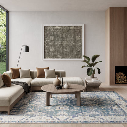 Nourison Astra Denim 8x10 machine-washable area rug with distressed Persian pattern in denim, grey and ivory — low pile and easy care for everyday home use.
