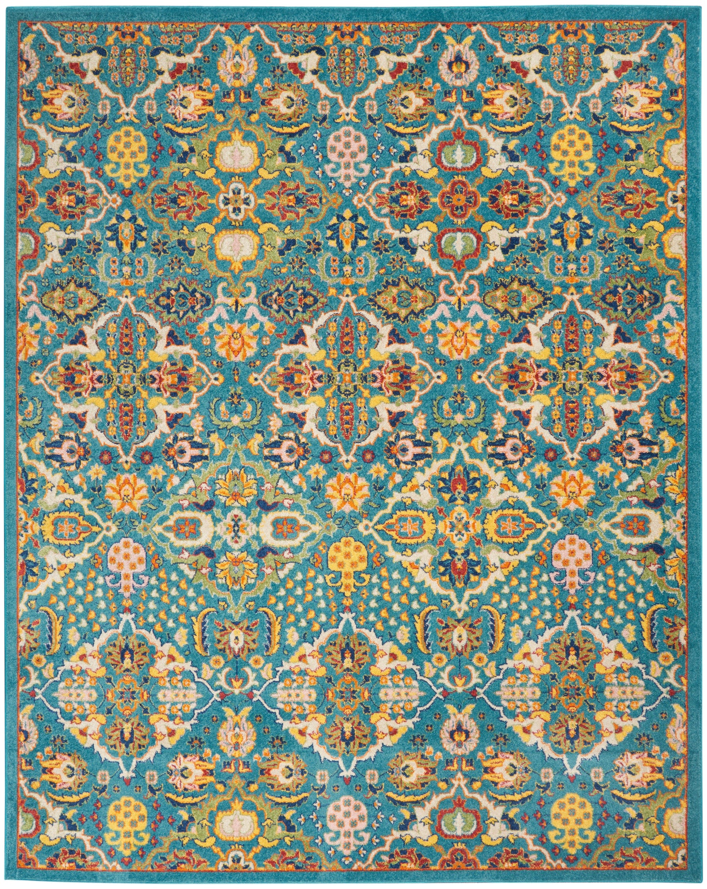 Teal oriental area rug with ornate multi-color floral arabesque pattern and medallions; vibrant blue, yellow, pink accents.