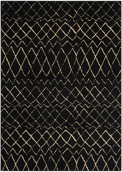 Black geometric rug with beige diamond lattice pattern; woven texture, modern casual area rug.