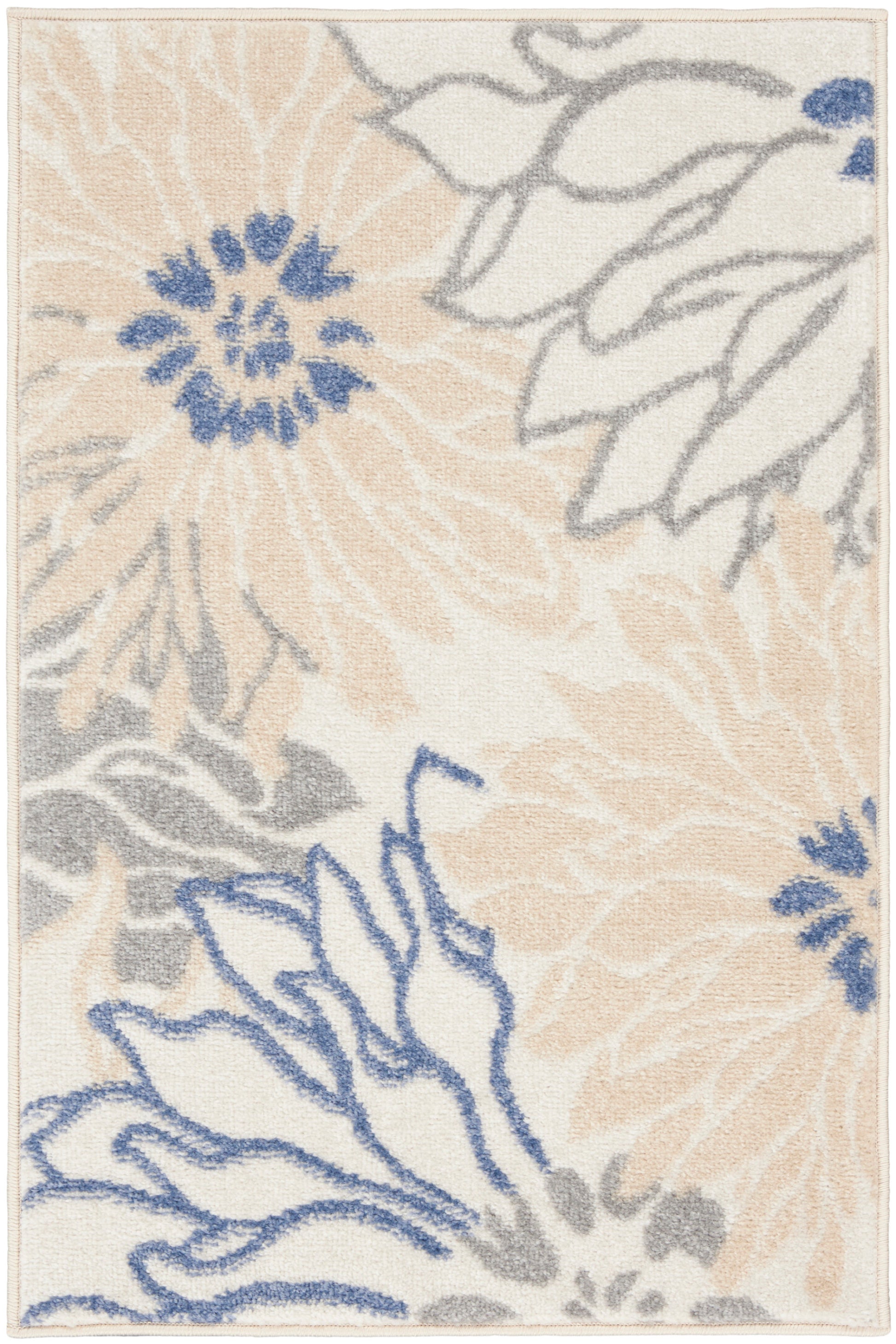 Rectangular cream rug with peach and blue floral motifs and gray accents, soft plush pile.