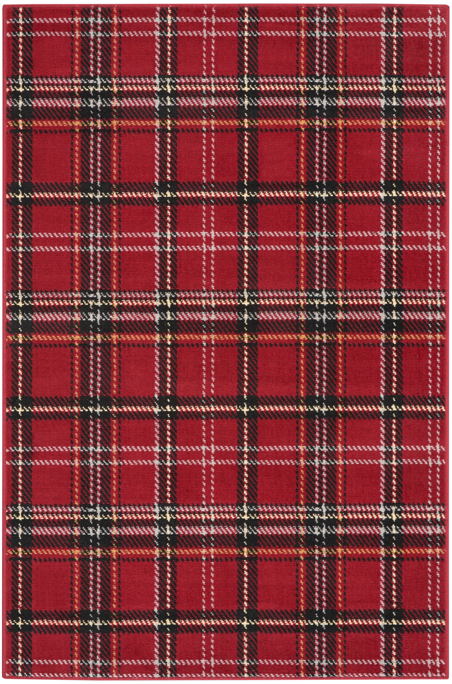 Red plaid rug with black, white, and yellow lines in a rustic tartan pattern; rectangular woven rug, 3' x 5'.