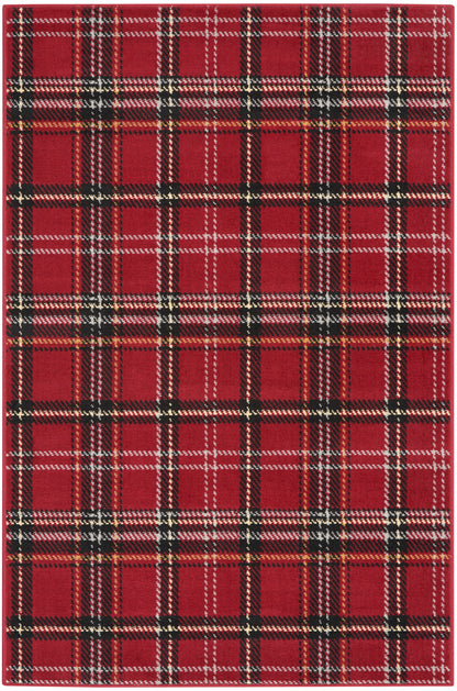 Red plaid rug with black, white, and yellow lines in a rustic tartan pattern; rectangular woven rug, 3' x 5'.
