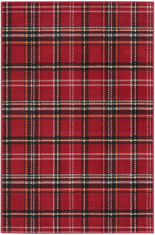 Red plaid rug with black, white, and yellow lines in a rustic tartan pattern; rectangular woven rug, 3' x 5'.