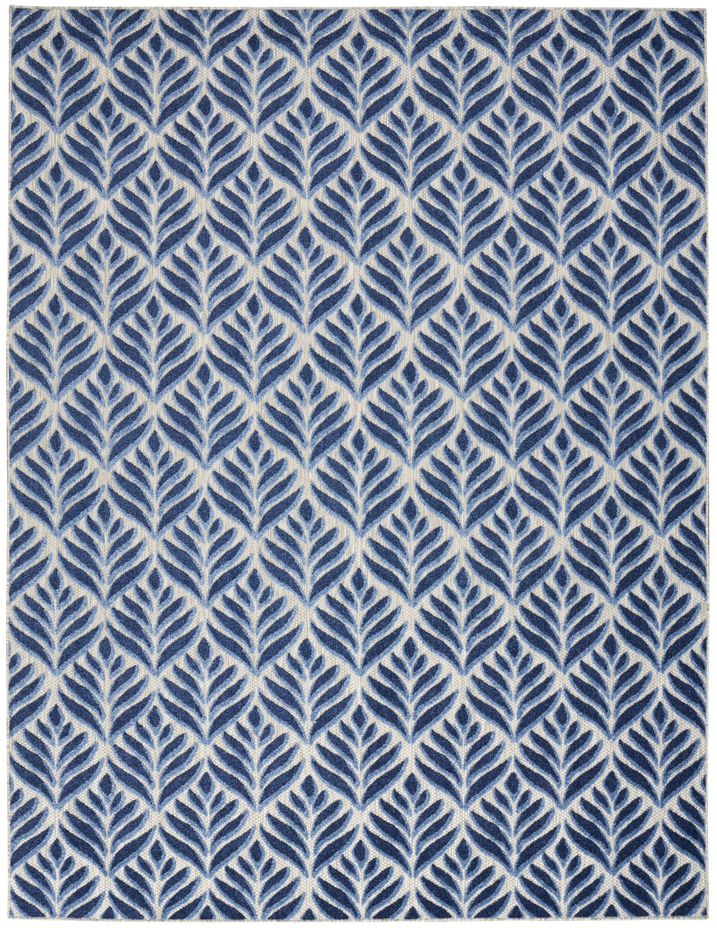 Rectangular rug with a repeating navy leaf pattern on ivory background; woven textile for living spaces.