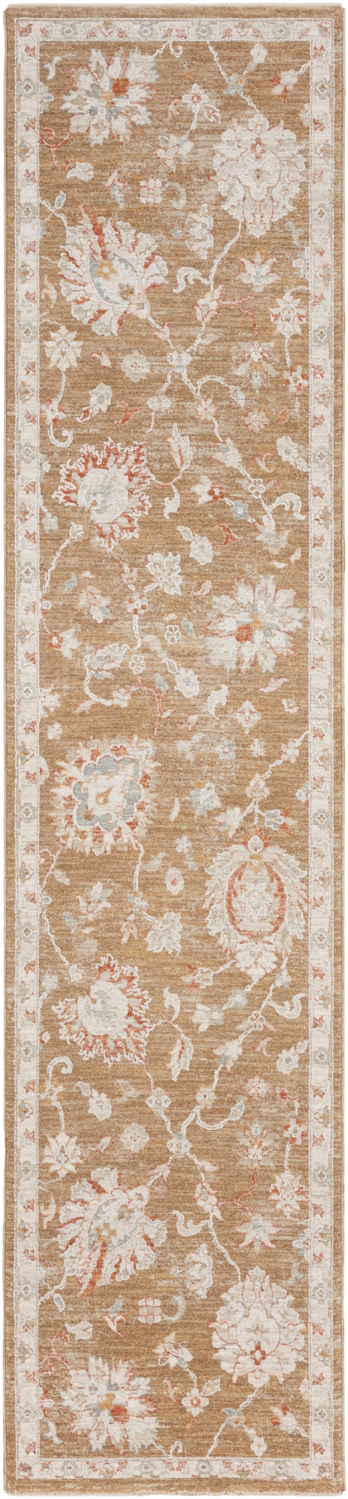 Long beige floral runner rug with ivory, pale blue & pink blossoms & a decorative border.