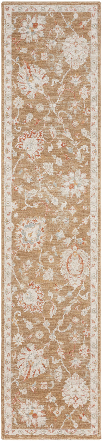 Long beige floral runner rug with ivory, pale blue & pink blossoms & a decorative border.