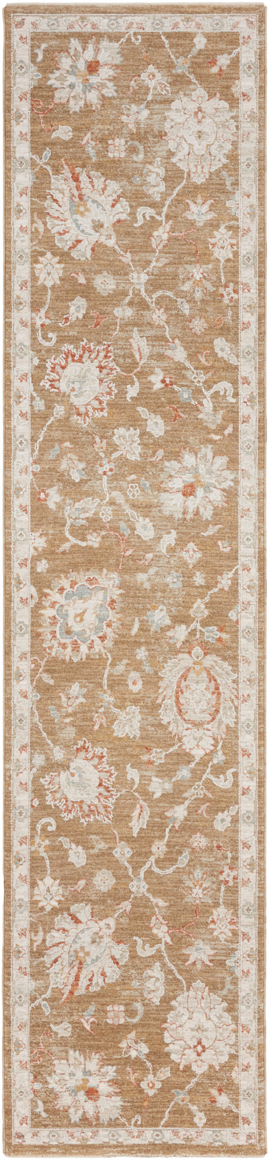 Long beige floral runner rug with ivory, pale blue & pink blossoms & a decorative border.