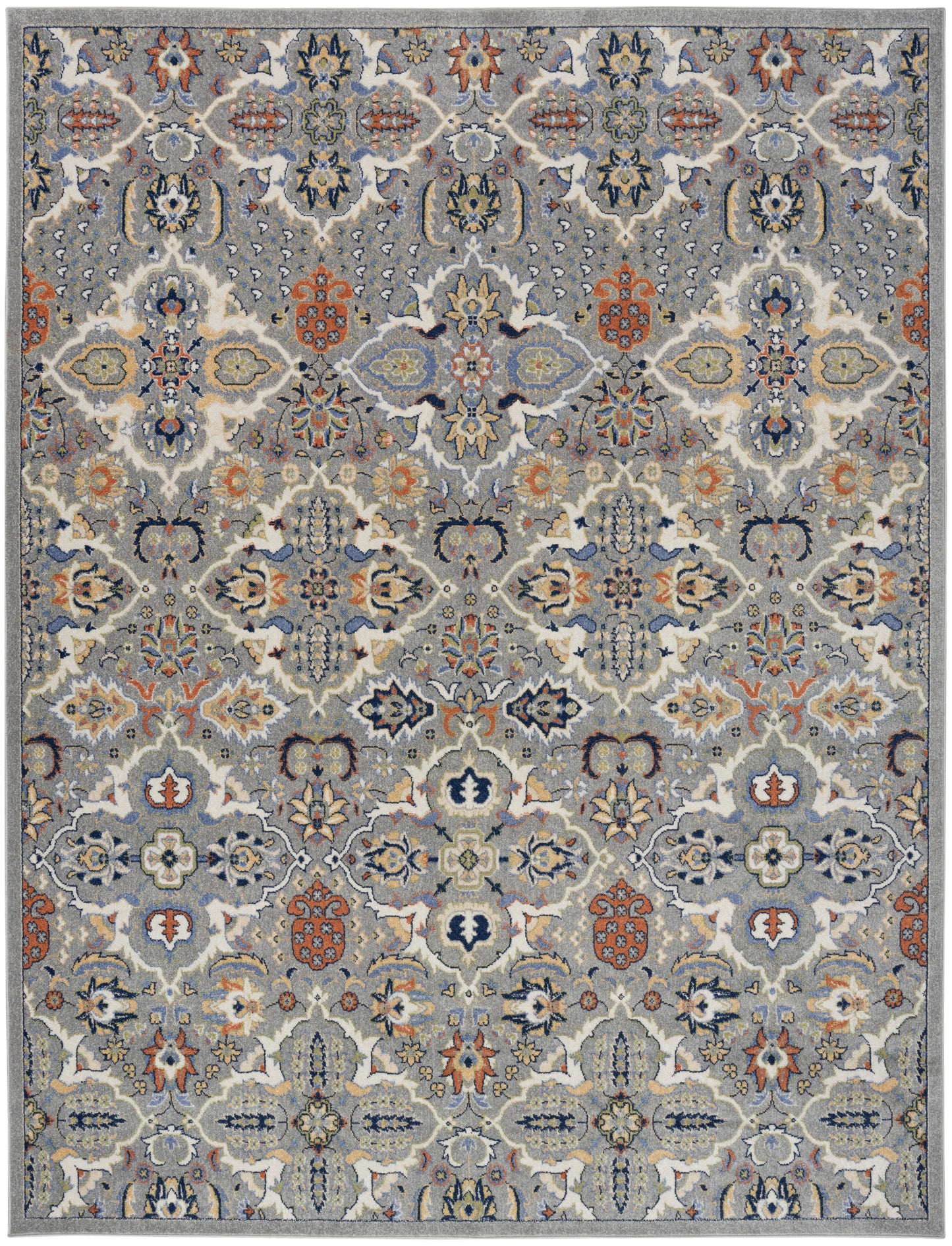 Rectangular Bohemian-style rug with blue-gray field and multicolor floral medallions; wool weave for living room decor.
