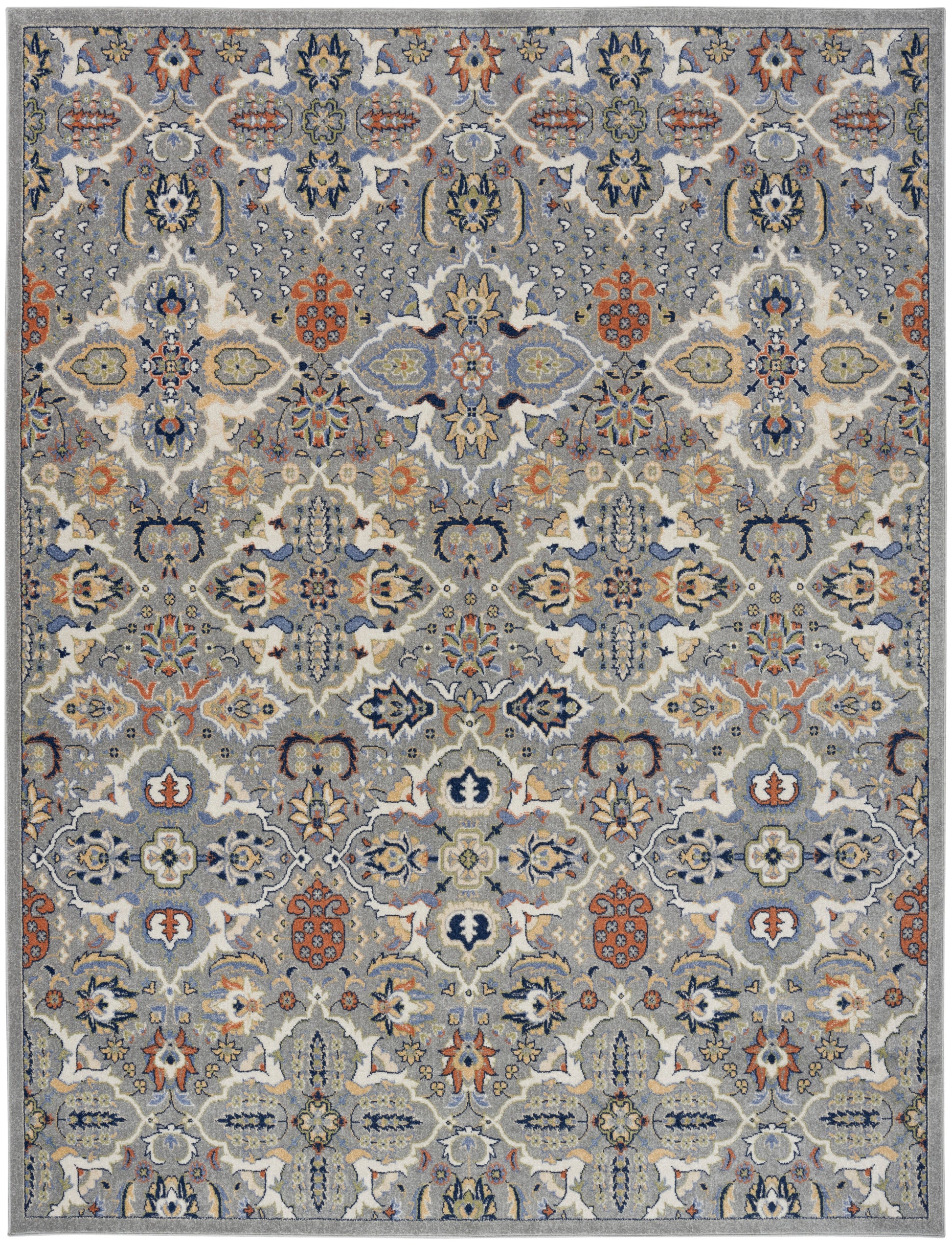 Rectangular Bohemian-style rug with blue-gray field and multicolor floral medallions; wool weave for living room decor.
