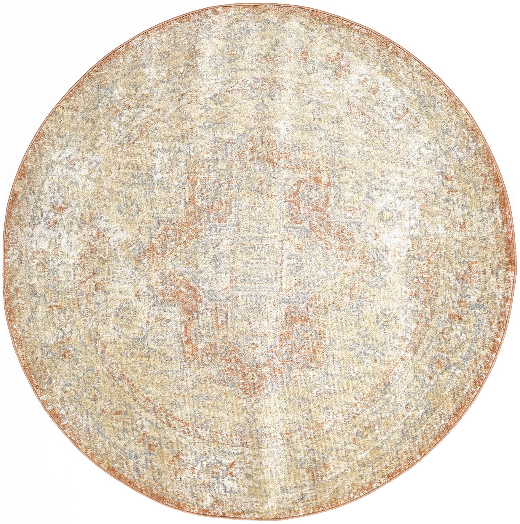 Round distressed rug in cream, beige, blue-gray and rust tones with faded oriental medallion pattern.