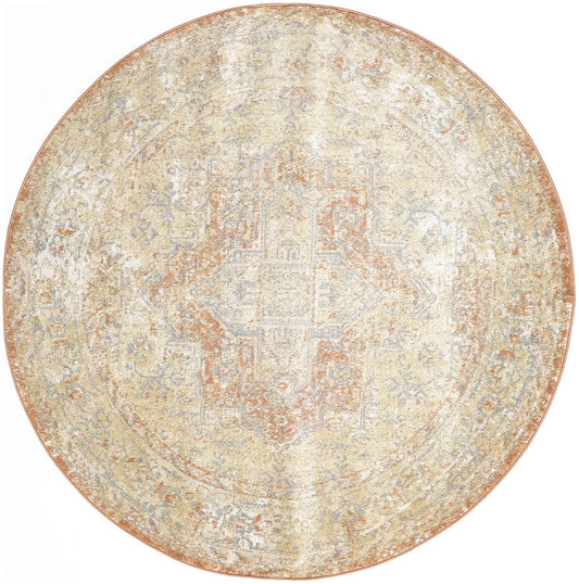 Round distressed rug in cream, beige, blue-gray and rust tones with faded oriental medallion pattern.