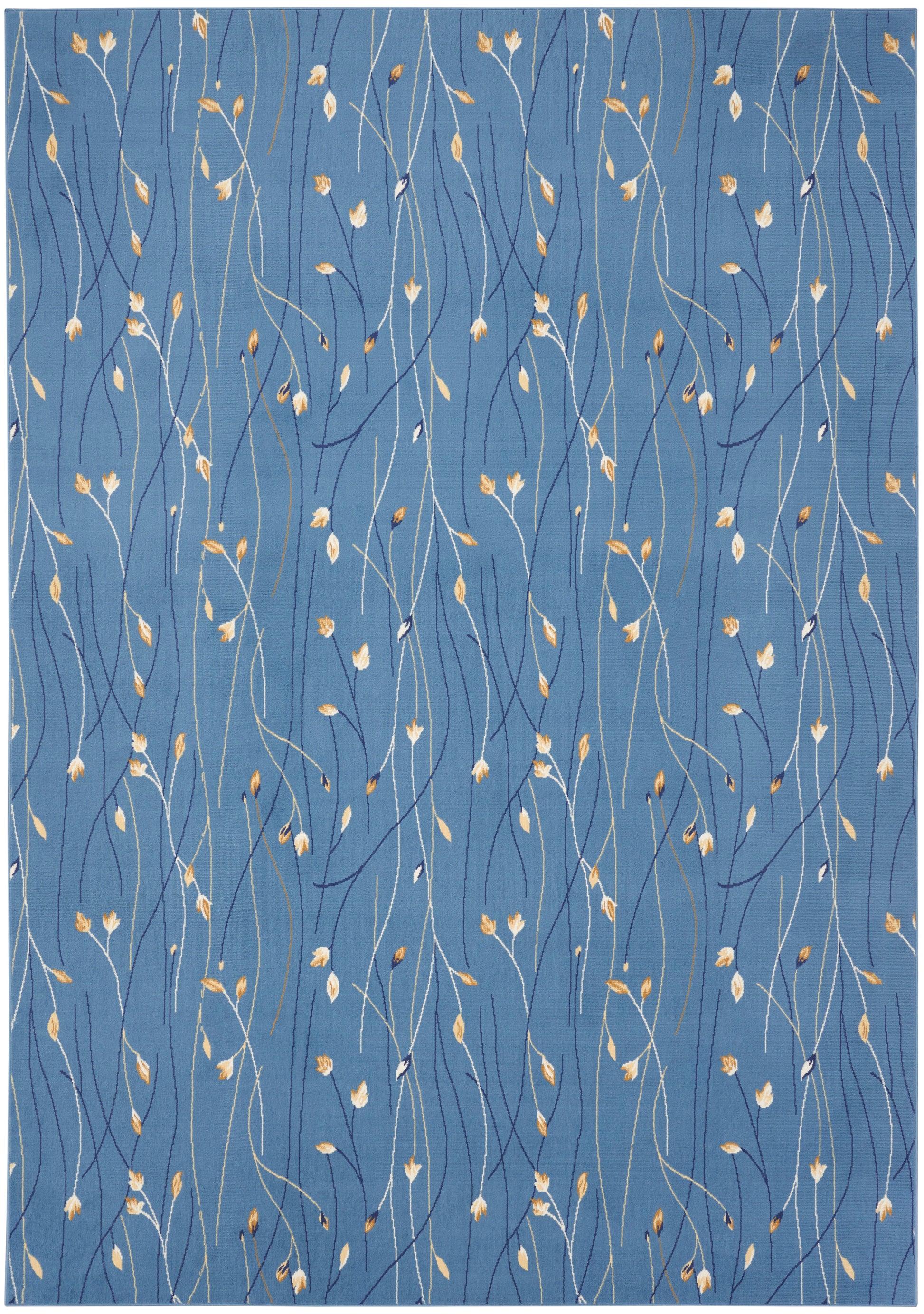 Blue area rug with wispy white, navy & gold stems & tiny gold leaves in a botanical, contemporary pattern.