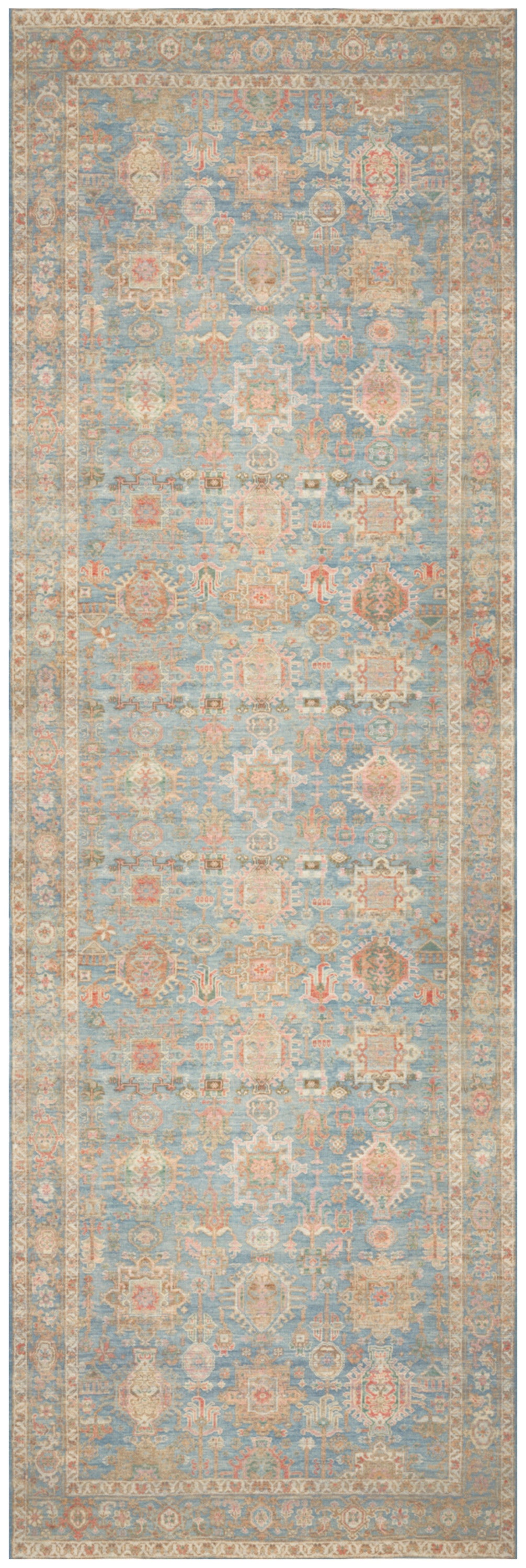 Muted blue-gray runner rug with ivory/beige and coral floral motifs and ornate border in vintage distressed style.