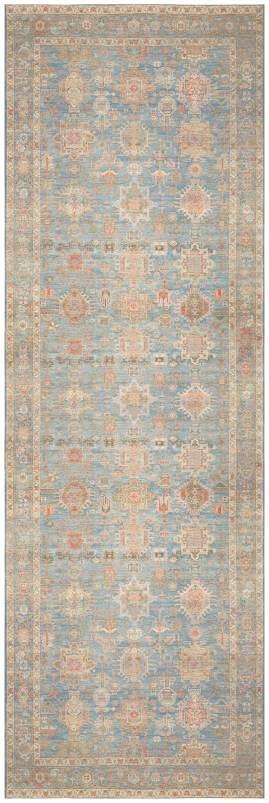 Muted blue-gray runner rug with ivory/beige and coral floral motifs and ornate border in vintage distressed style.