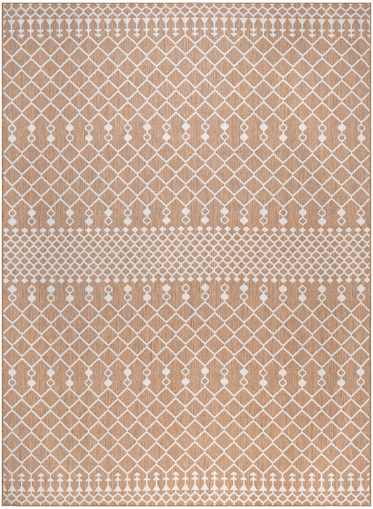 Peach-toned area rug with white diamond lattice and dotted borders, modern geometric boho design.