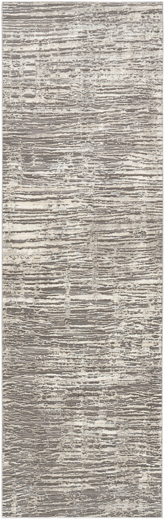 Long runner rug in beige and taupe with ivory, abstract horizontal stripe texture.