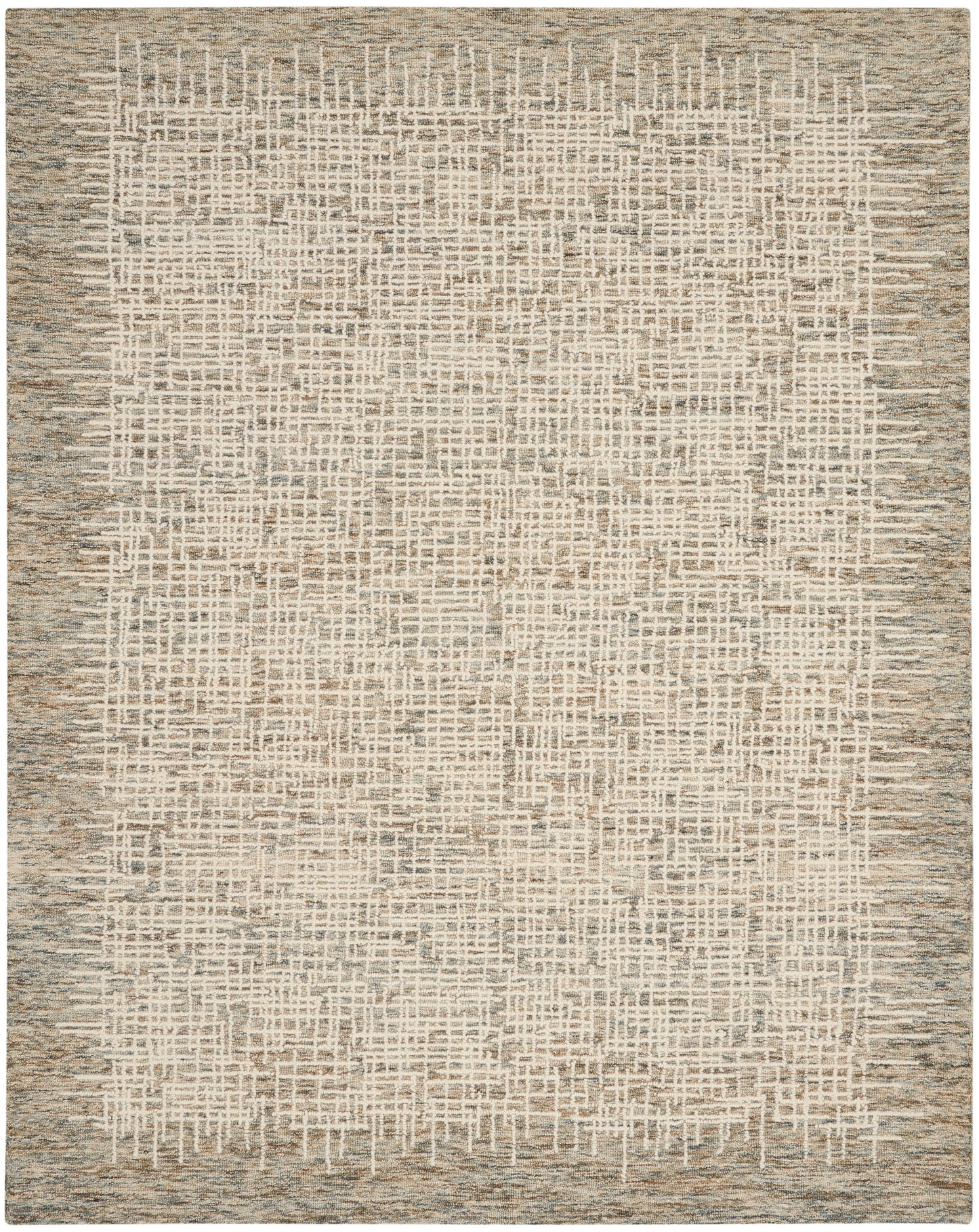 Rectangular beige flat-weave rug with cream grid lines & muted taupe border; rustic style.