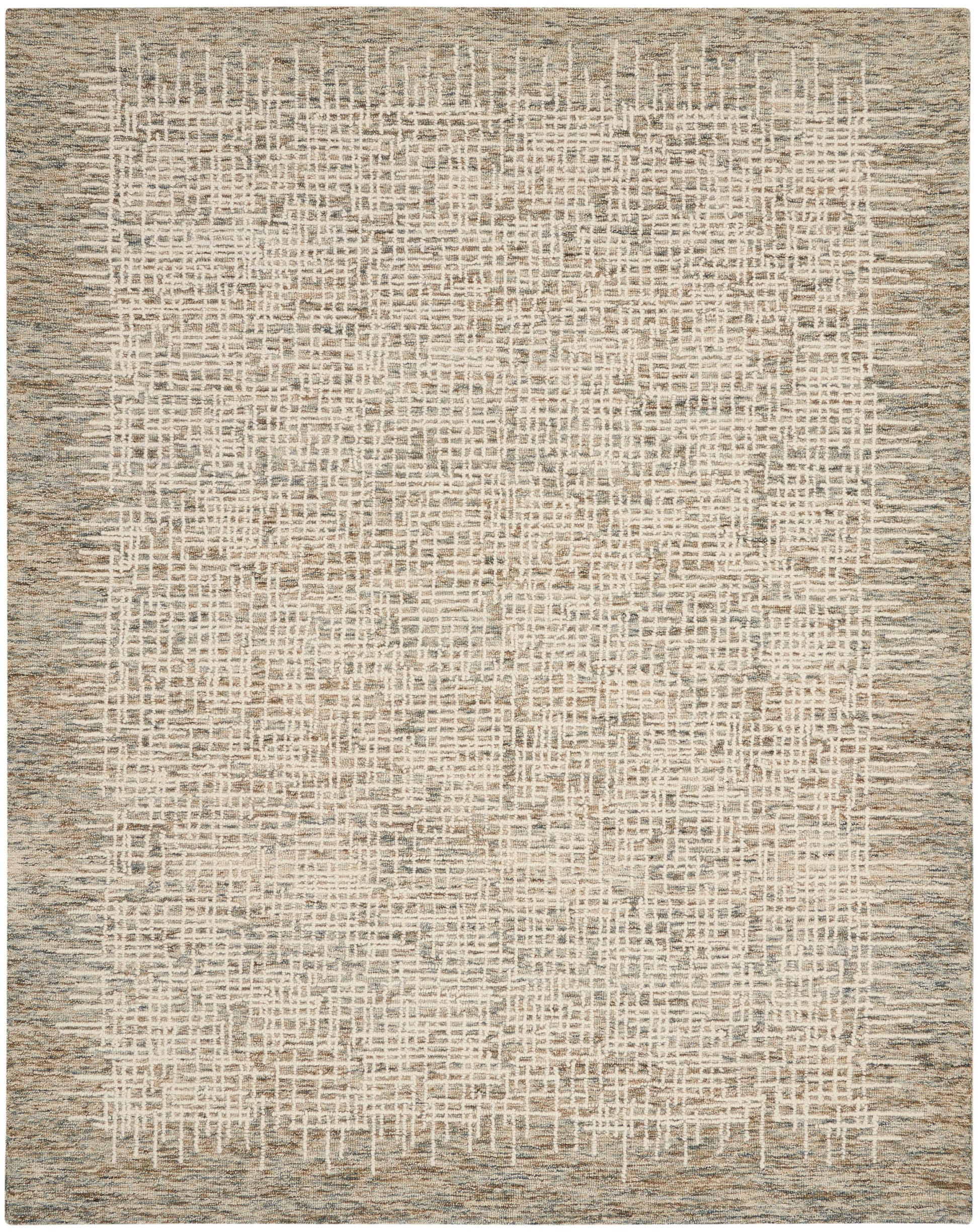Rectangular beige flat-weave rug with cream grid lines & muted taupe border; rustic style.