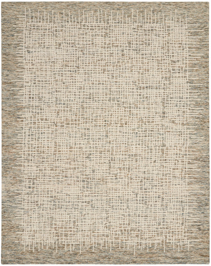 Rectangular beige flat-weave rug with cream grid lines & muted taupe border; rustic style.
