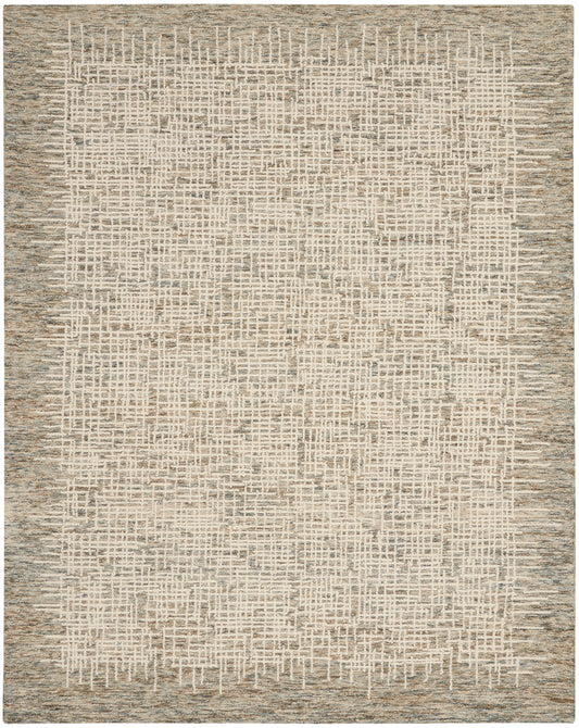 Rectangular beige flat-weave rug with cream grid lines & muted taupe border; rustic style.