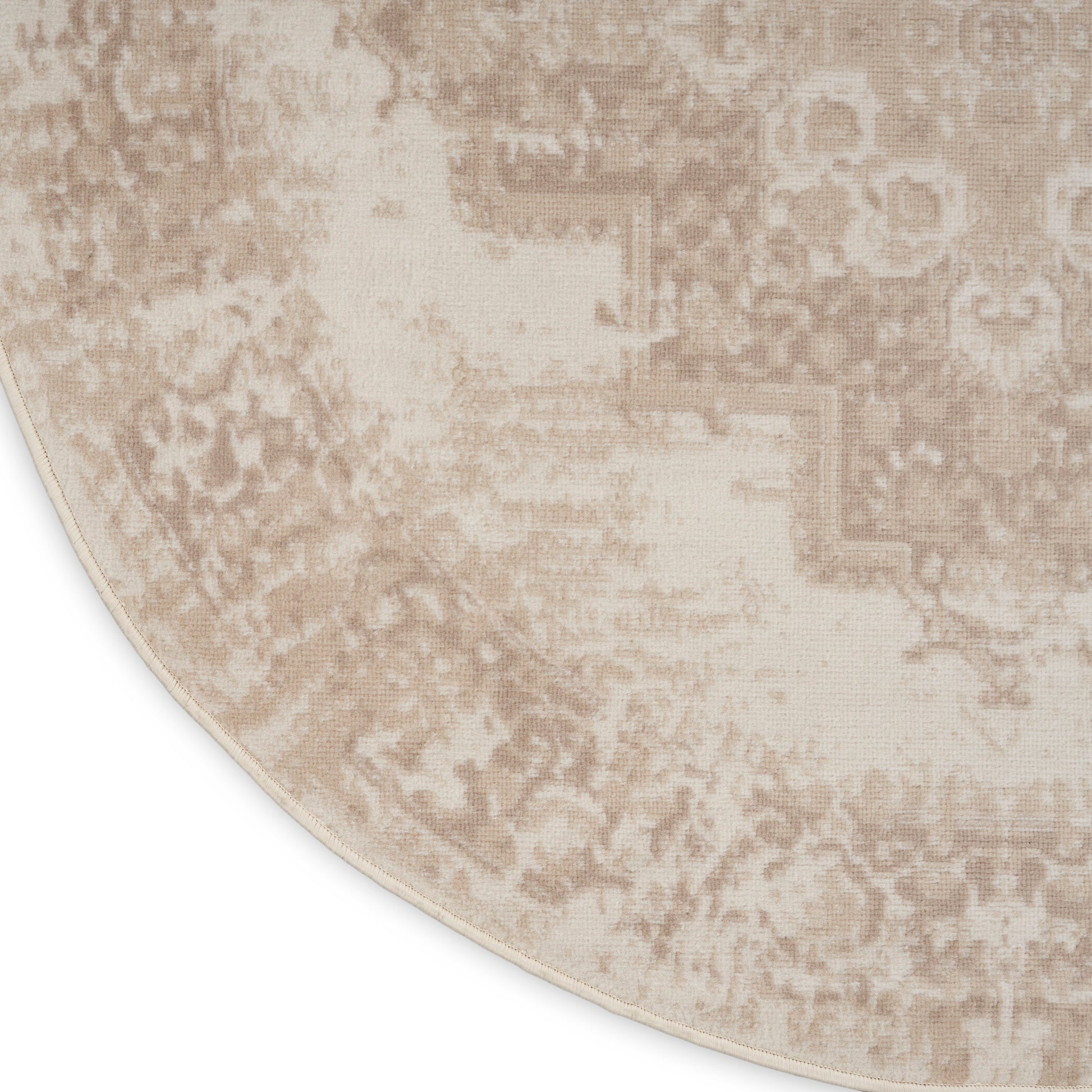 8' round beige rug with distressed cream and taupe pattern, vintage oriental style, soft pile.