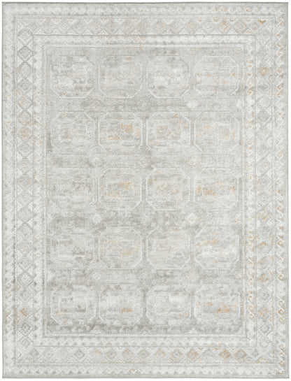 Light gray 5' x 7' flat-weave area rug with faded geometric medallions and a decorative border, vintage style.