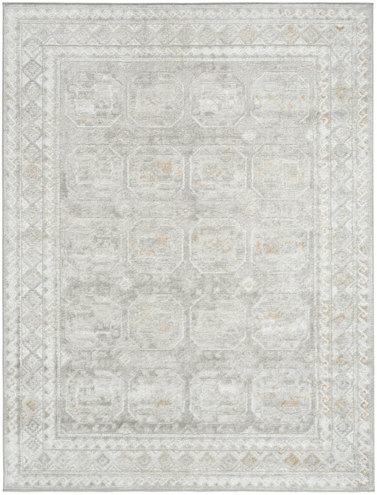 Light gray 5' x 7' flat-weave area rug with faded geometric medallions and a decorative border, vintage style.